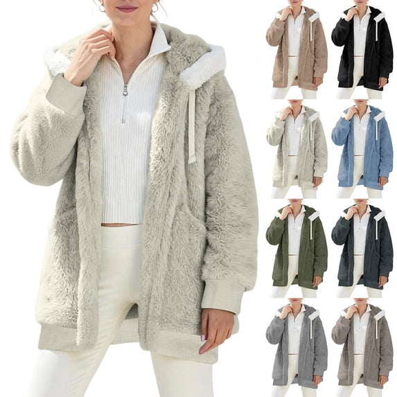 Winter Coats for Women Packable Lightweight Open Front Jacket With White Fleece Trim Hood,Rib Cuff Casual Windproof Warm Oversized Pockets Outerwear