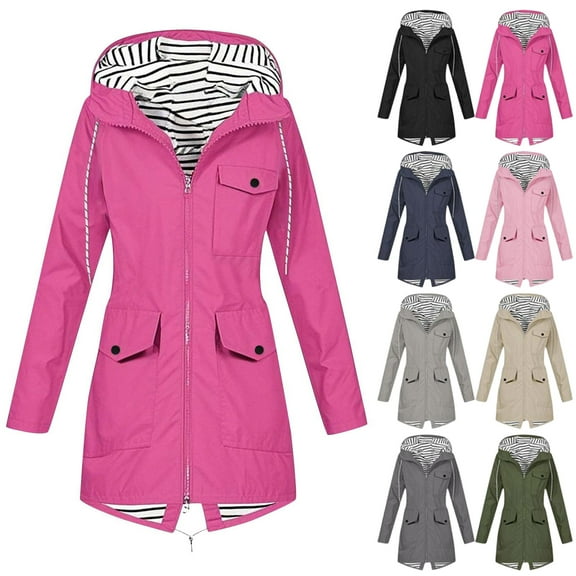 Winter Coats for Women Plus Size Casaul Solid Jackets Outdoor Drawstring Zipper Hooded Raincoat Windproof Tops Coat With Pocket