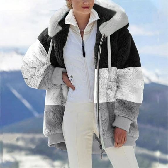Winter Coats for Women Plus Size Fuzzy Fleece Jacket Zipper Hooded Color Block Patchwork Cardigan Sherpa Outerwear with Pocket