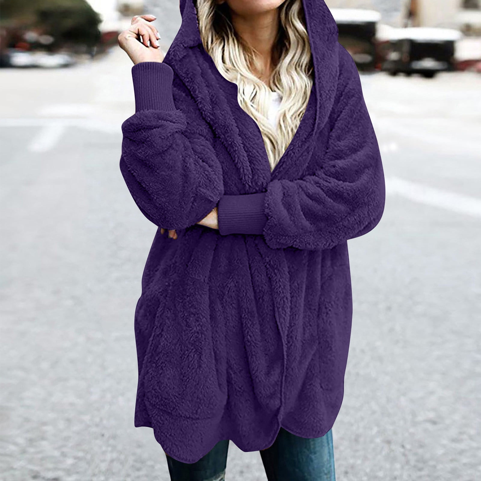 Winter Coats for Women Plus Size S-5X Fleece Long Sleeve Jackets with Hood and Pockets Ladies Casual Solid Warm Open Front Outerwear Coat