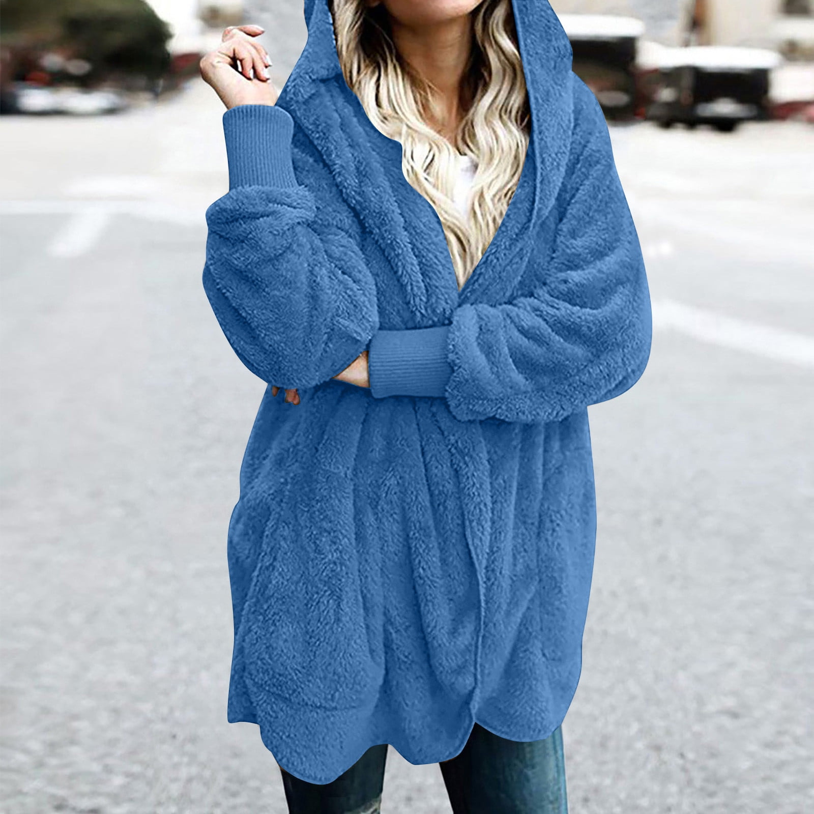 Winter Coats for Women Plus Size S-5X Fleece Long Sleeve Jackets with Hood and Pockets Ladies Casual Solid Warm Open Front Outerwear Coat