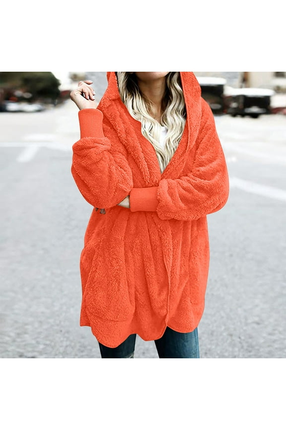 Winter Coats for Women Plus Size S-5X Fleece Long Sleeve Jackets with Hood and Pockets Ladies Casual Solid Warm Open Front Outerwear Coat