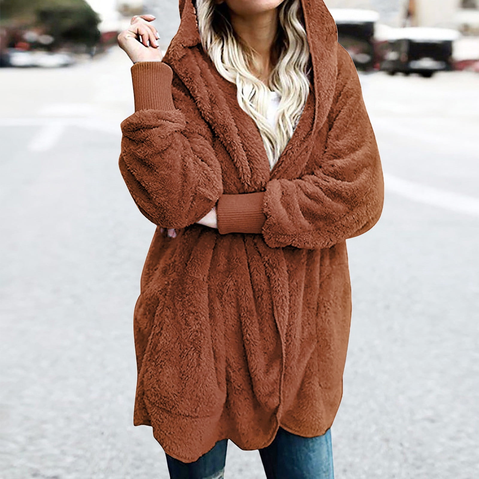 Winter Coats for Women Plus Size S-5X Fleece Long Sleeve Jackets with Hood and Pockets Ladies Casual Solid Warm Open Front Outerwear Coat