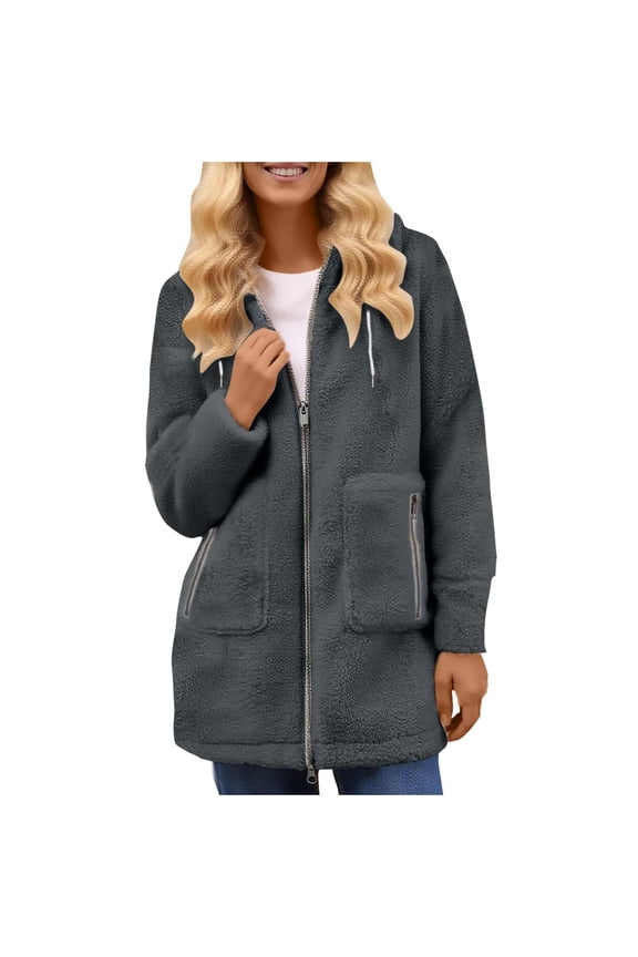 Winter Coats for Women Solid Color Long Sleeve Outwear Fuzzy Fleece Zip Up Hooded Jacket with Pockets Gray S