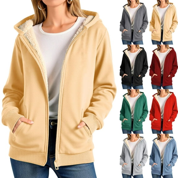 Women Fleece Coat Winter Warm Casual Long Sleeve Hooded Solid Sweatshirt Plus Size Winter Cardigan Pockets Plush Hooded Jacket