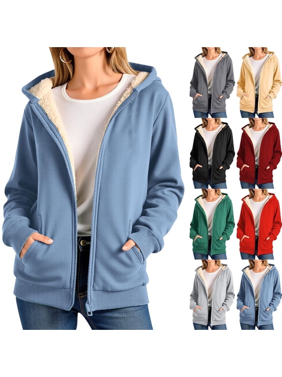 Women Fleece Coat Winter Warm Casual Long Sleeve Hooded Solid Sweatshirt Plus Size Winter Cardigan Pockets Plush Hooded Jacket