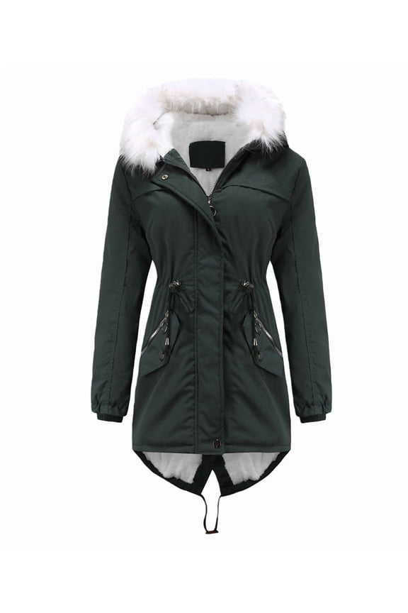 Winter Coats for Women Warm Fleece Long Back Jacket Thicken Parka with Hood Dark Green S