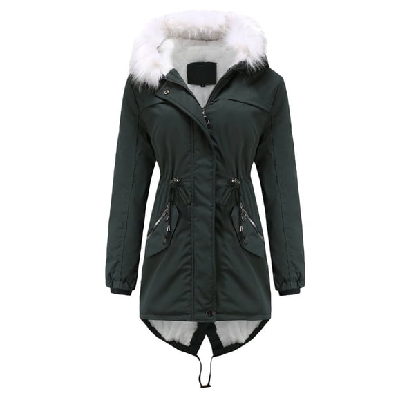 Winter Coats for Women Warm Fleece Long Back Jacket Thicken Parka with Hood Dark Green XL