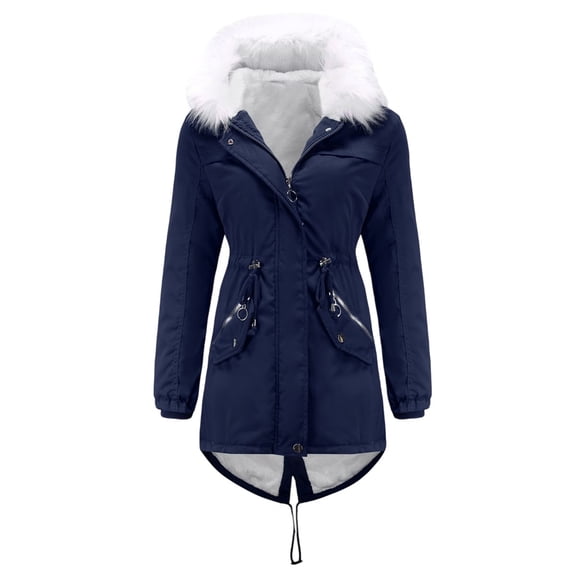 Winter Coats for Women Warm Fleece Long Back Jacket Thicken Parka with Hood Navy Blue M