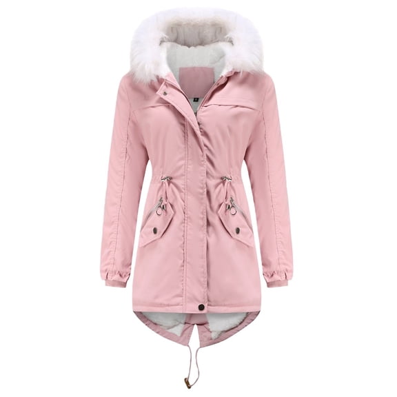 Winter Coats for Women Warm Fleece Long Back Jacket Thicken Parka with Hood Pink XXL