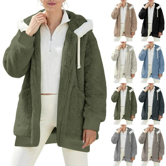 Winter Coats for Women Winter Coats for Women Fleece Jacket Hooded Color Block Patchwork Cardigan Coat Outerwear With Pocket, Size S-2XL