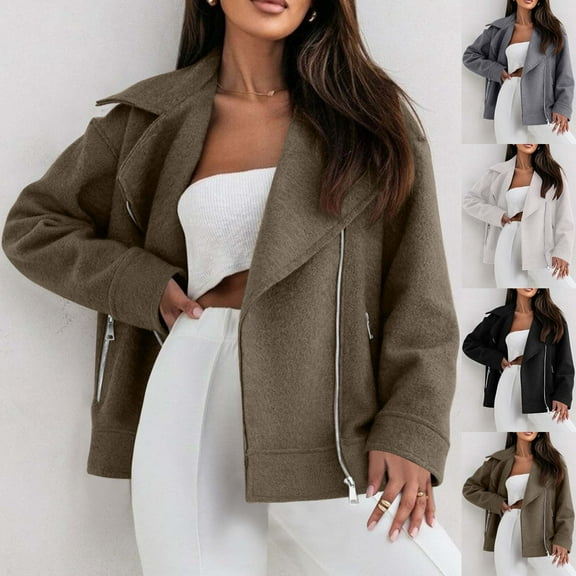Winter Coats for Women Winter Jackets for Women Solid Color Lapel Zipper Woolen Cardigan Long Sleeved Top Jacket
