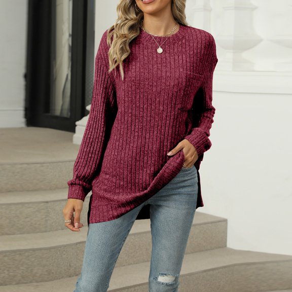 Winter Coats for Women Women's Fashionable Solid Color Round Neck Long Sleeved Button Loose T-shirt Top