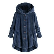 Winter Coats for Women Zpanxa Women Plus Size Button Plush Tops, Hooded Loose Cardigan Wool Coat, Casual Plush Jacket Outwear Blue S