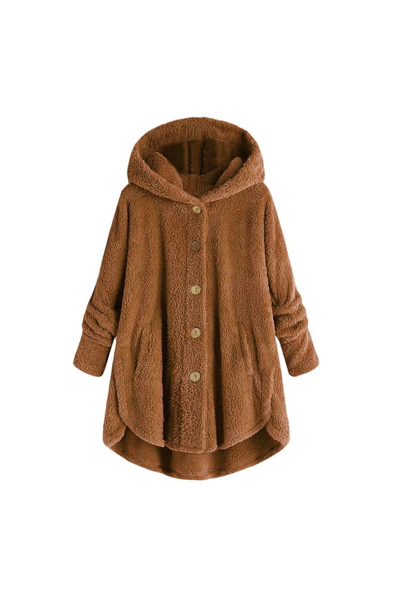 Winter Coats for Women Zpanxa Women Plus Size Button Plush Tops, Hooded Loose Cardigan Wool Coat, Casual Plush Jacket Outwear Brown 3XL