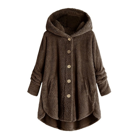 Winter Coats for Women Zpanxa Women Plus Size Button Plush Tops, Hooded Loose Cardigan Wool Coat, Casual Plush Jacket Outwear Khaki 3XL