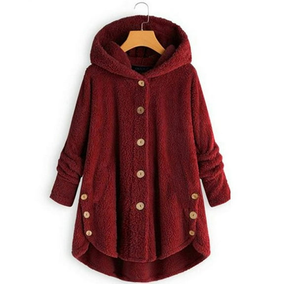 Winter Coats for Women Zpanxa Women Plus Size Button Plush Tops, Hooded Loose Cardigan Wool Coat, Casual Plush Jacket Outwear Red M
