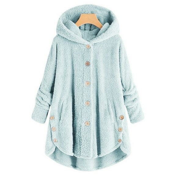 Winter Coats for Women Zpanxa Women Plus Size Button Plush Tops, Hooded Loose Cardigan Wool Coat, Casual Plush Jacket Outwear Sky Blue S