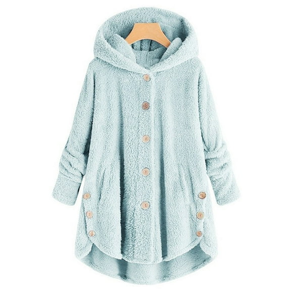 Winter Coats for Women Zpanxa Women Plus Size Button Plush Tops, Hooded Loose Cardigan Wool Coat, Casual Plush Jacket Outwear Sky Blue XL