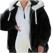 Winter Coats for Women Zpanxa Womens Warm Thick Faux Plush Coat, Outdoor Plus Size Thicken Hooded Jacket, Winter Zipper Overcoat Outerwear Black 3XL