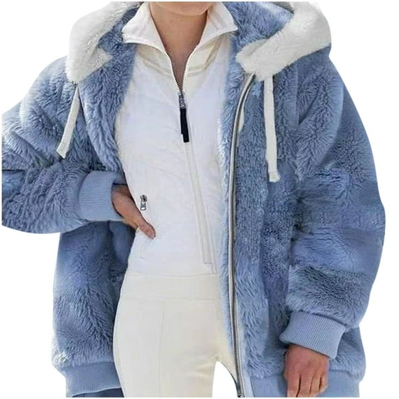 Winter Coats for Women Zpanxa Womens Warm Thick Faux Plush Coat, Outdoor Plus Size Thicken Hooded Jacket, Winter Zipper Overcoat Outerwear Blue XL