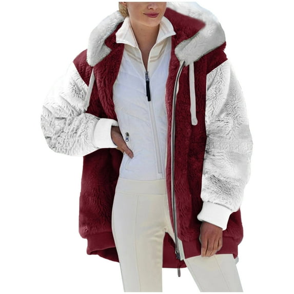 Winter Coats for Women Zpanxa Womens Warm Thick Faux Plush Coat, Outdoor Plus Size Thicken Hooded Jacket, Winter Zipper Outerwear Coat Wine B XL