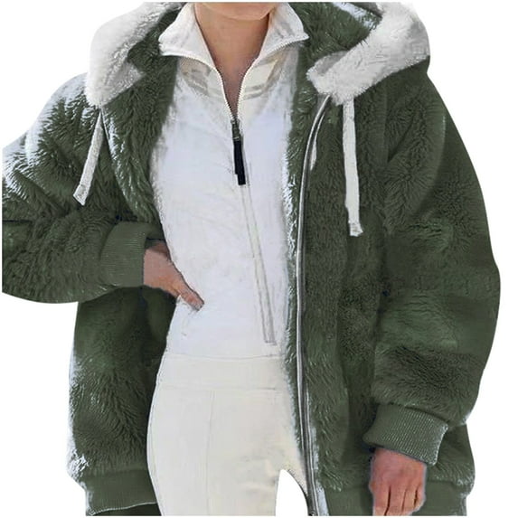 Winter Coats for Women Zpanxa Womens Warm Thick Faux Plush Coat, Outdoor Plus Size Thicken Hooded Jacket, Winter Zipper Overcoat Outerwear Army Green XL