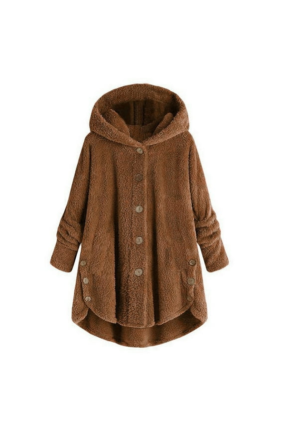 Winter Coats for Women with Hooded Plus Size S-5X Clearance Fleece Casual Long Sleeve Button Up Jackets Solid Warm Wool Irregular Hem Outerwear