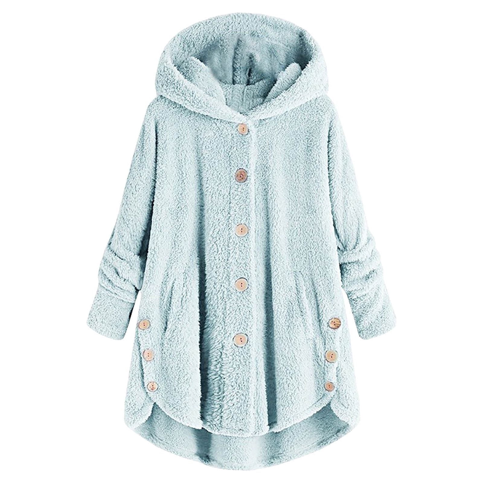 Winter Coats for Women with Hooded Plus Size S-5X Fleece Casual Long Sleeve Button Up Jackets Solid Warm Wool Irregular Hem Outerwear