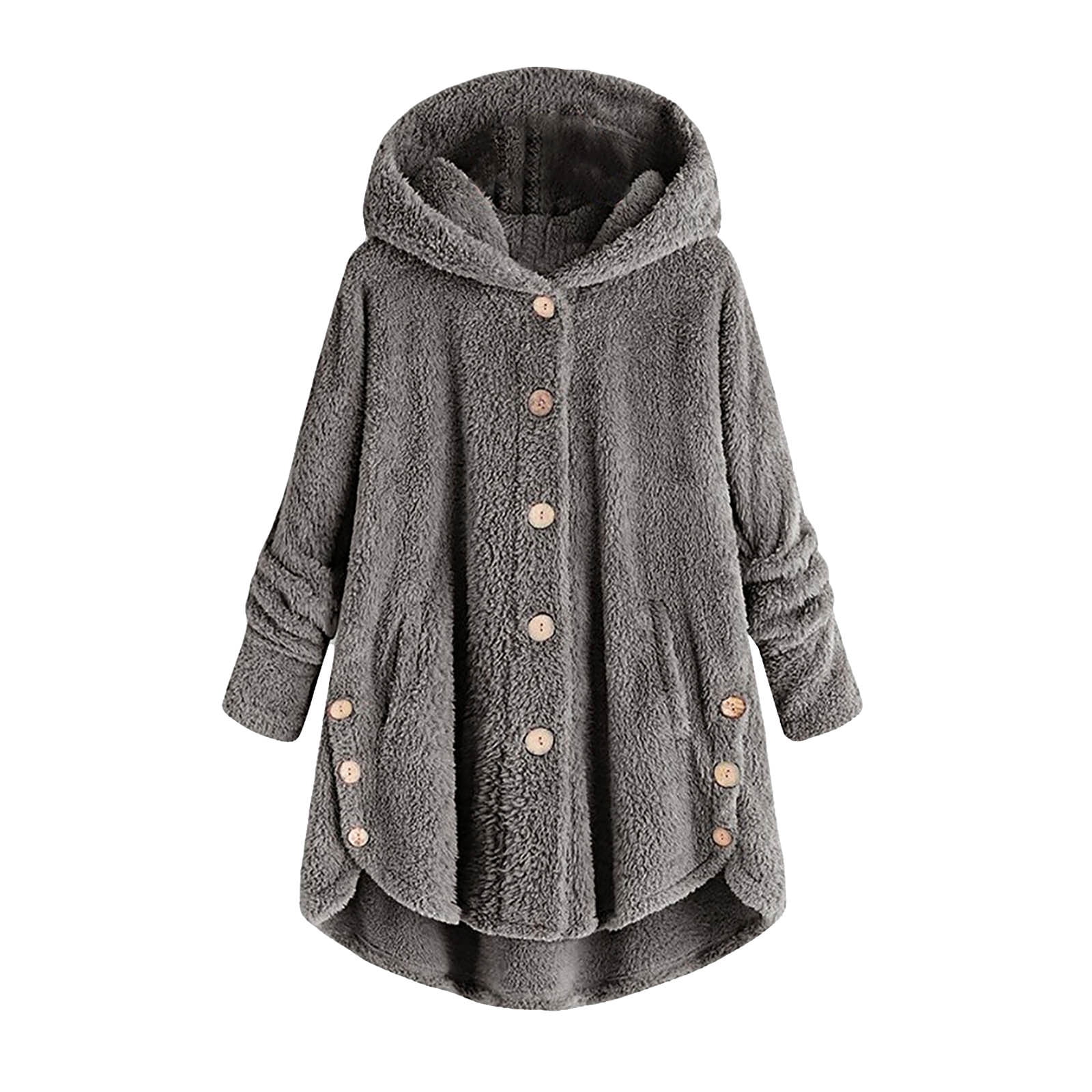 Winter Coats for Women with Hooded Plus Size S-5X Fleece Casual Long Sleeve Button Up Jackets Solid Warm Wool Irregular Hem Outerwear