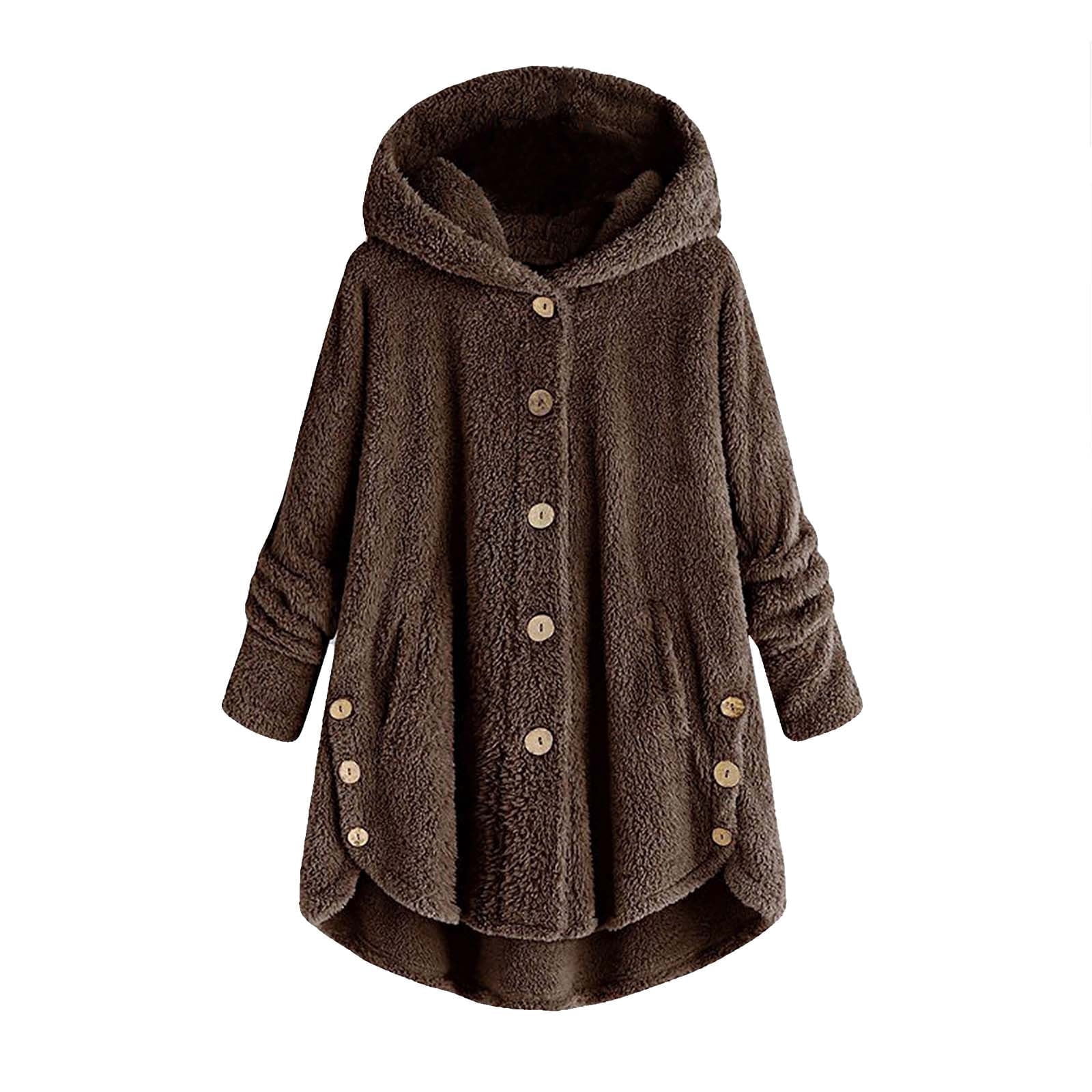 Winter Coats for Women with Hooded Plus Size S-5X Fleece Casual Long Sleeve Button Up Jackets Solid Warm Wool Irregular Hem Outerwear