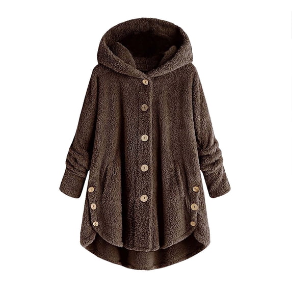 Winter Coats for Women with Hooded Plus Size S-5X Clearance Fleece Casual Long Sleeve Button Up Jackets Solid Warm Wool Irregular Hem Outerwear
