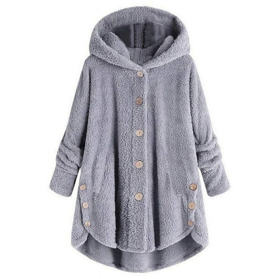 Winter Coats for Women with Hooded Plus Size S-5X Clearance Fleece Casual Long Sleeve Button Up Jackets Solid Warm Wool Irregular Hem Outerwear