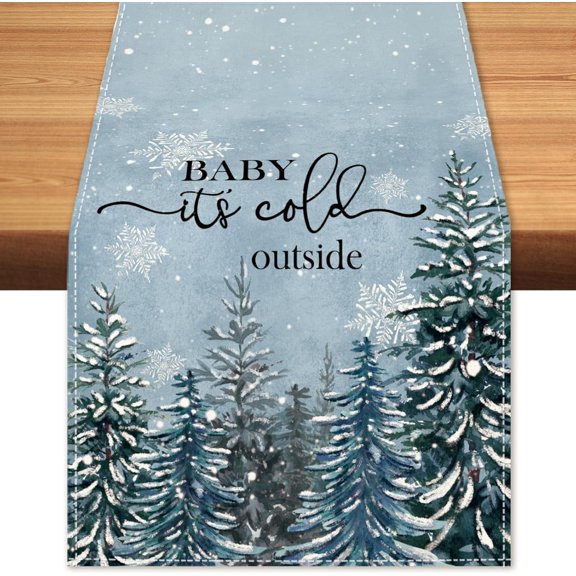Winter It's Cold Outside Table Runner Pine Tree Snowflakes Burlap, Christmas Seasonal Coffee Table Center Decor for Home Kitchen Dining Party Indoor Outdoor
