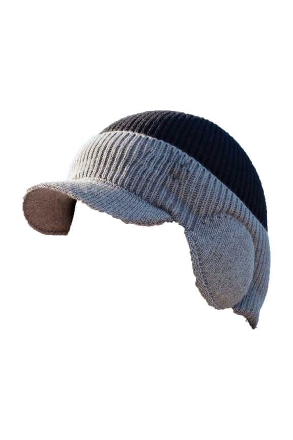 Winter Cold-proof & Warm Hat, for Skiing Fishing Walking Hiking and Outdoor Camping, Beanie Hat Ear-Protecting Knitted Hat, Men Women, Brim and Ear Flaps, Warm Fleece Lined Stocking Caps, Black Gray