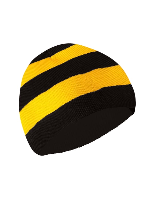 Winter Collegiate Stripe Knit Beanie Football Team Fan Hat for Men & Women (Black/ Gold)