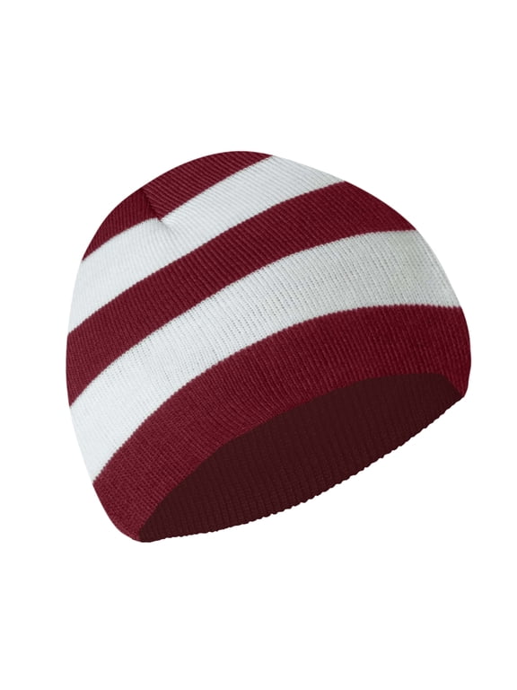 Winter Collegiate Stripe Knit Beanie Football Team Fan Hat for Men & Women (Cardinal/ White)