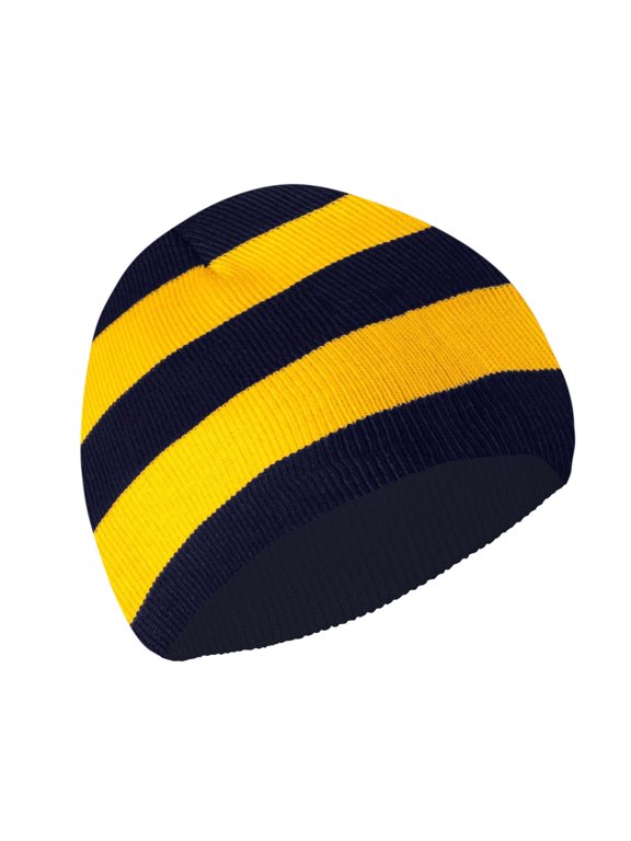Winter Collegiate Stripe Knit Beanie Football Team Fan Hat for Men & Women (Navy/ Gold)