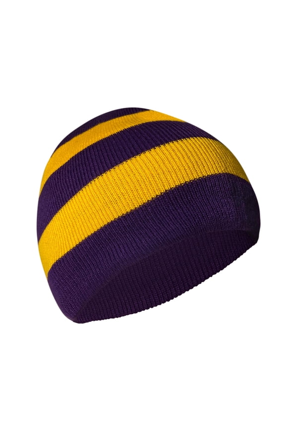 Winter Collegiate Stripe Knit Beanie Football Team Fan Hat for Men & Women (Purple/ Gold)
