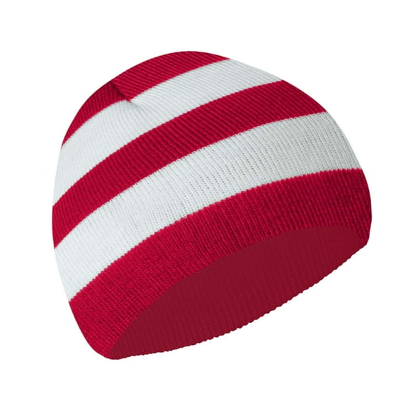 Winter Collegiate Stripe Knit Beanie Football Team Fan Hat for Men & Women (Red/ White)