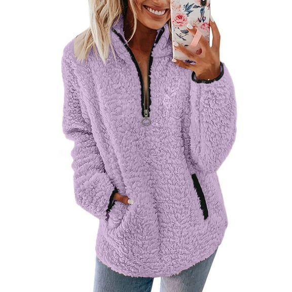 Winter Color Pullover Zipper Loose Tops With Pockets Polyester Warm Toasty Purple 2Xl Size S-Xxl