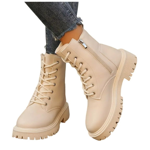 Winter Combat Boots for Women High Top Plush Warm Lace up Zipper Waterproof Leather Lug Sole Snow Booties