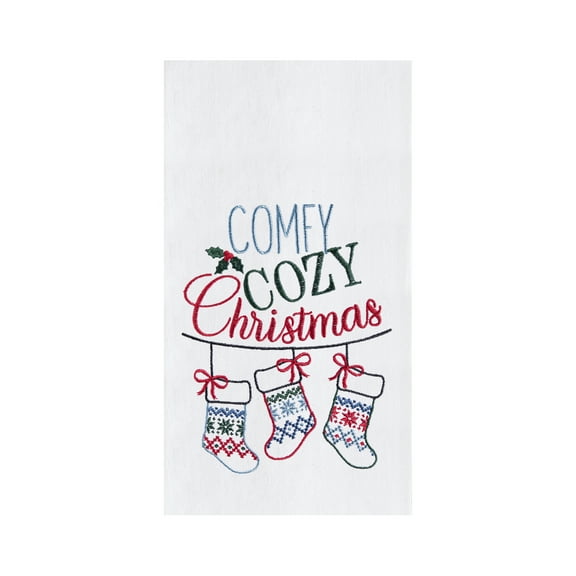Winter "Comfy Cozy Christmas" Sentiment Featuring Hanging Stockings Cotton Flour Sack Kitchen Dish Towel 27L x 18W in.