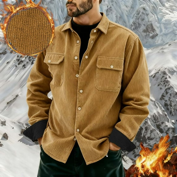 Winter Corduroy Jackets for Men Long Sleeve Cardigan Button Down Lapel Warm Thick Fleece Blouse with Pockets