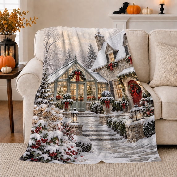 Winter Cottage Christmas Scene, Festive Holiday Scene, Warm Flannel Blanket for Living Room and Family Room with Detailed Artwork, Art Lovers Christmas Gift, Festive Home Decor