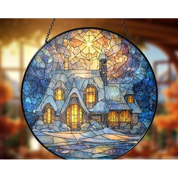 Winter Cottage Glass Suncatcher Round Window Hanging, 3.5 in
