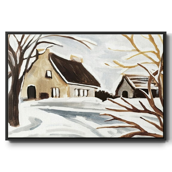 Winter Cottage II - Framed Gallery Wrapped Holiday Canvas - 17 x 25 - Black Frame