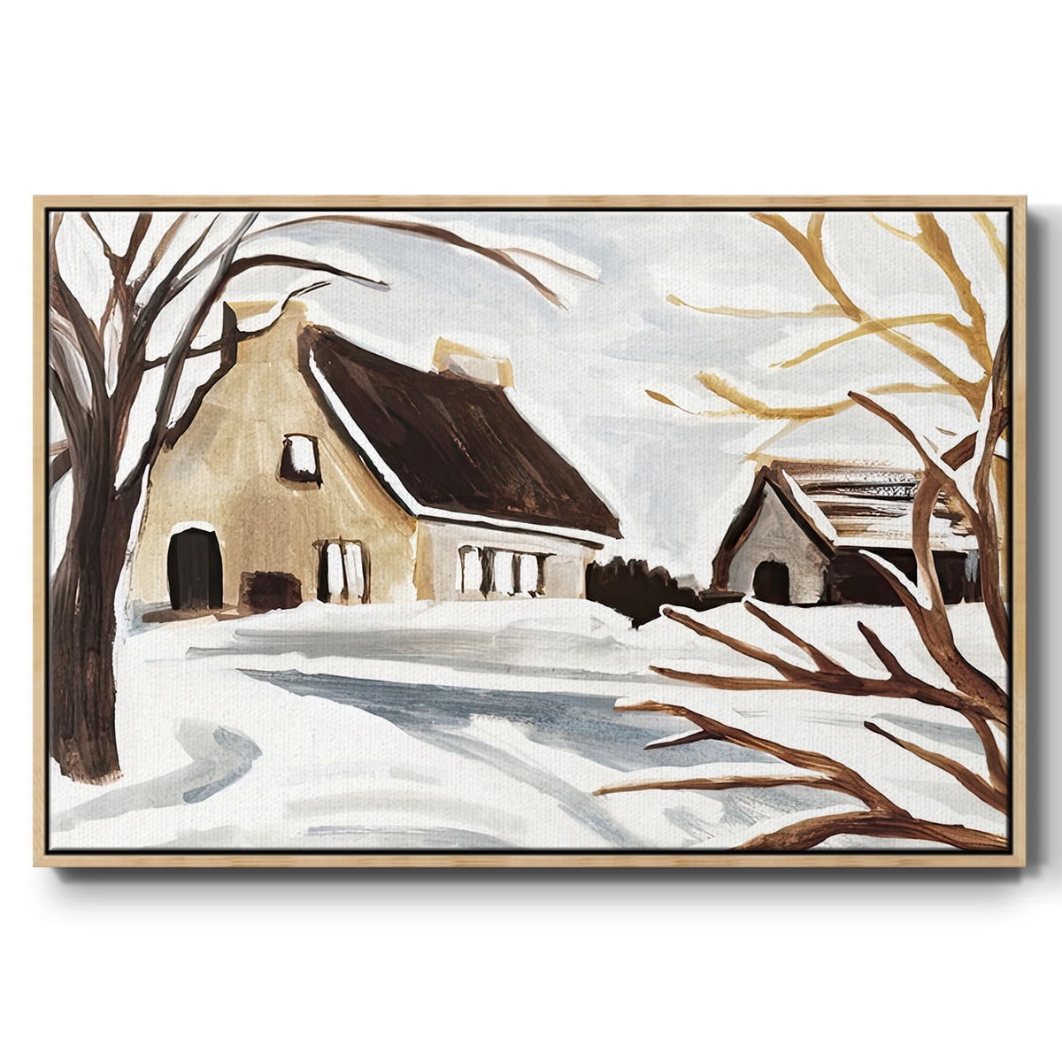 Winter Cottage II - Framed Gallery Wrapped Holiday Canvas - 17 x 25 - Natural Wood Frame