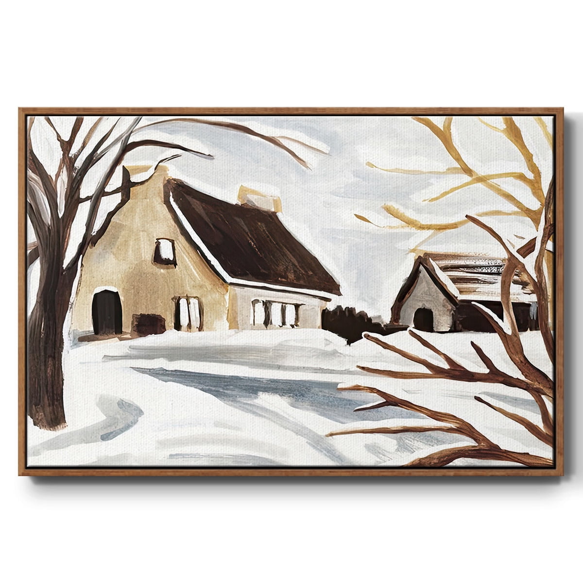 Winter Cottage II - Framed Gallery Wrapped Holiday Canvas - 25 x 37 - Rosewood Frame