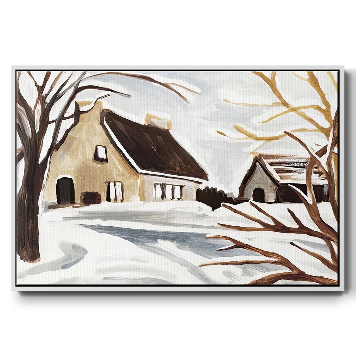 Winter Cottage II - Framed Gallery Wrapped Holiday Canvas - 25 x 37 - White Frame